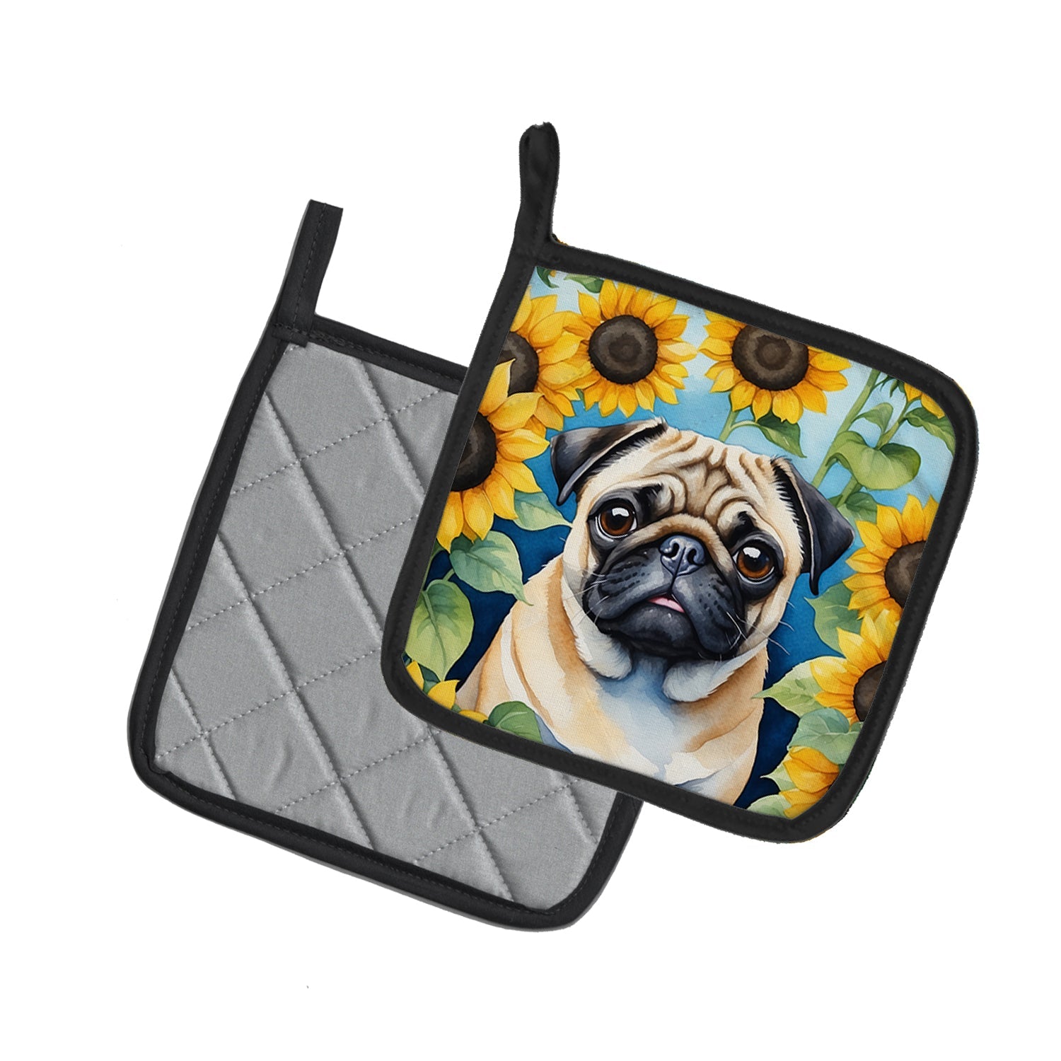 Pug in Sunflowers Pair of Pot Holders-1