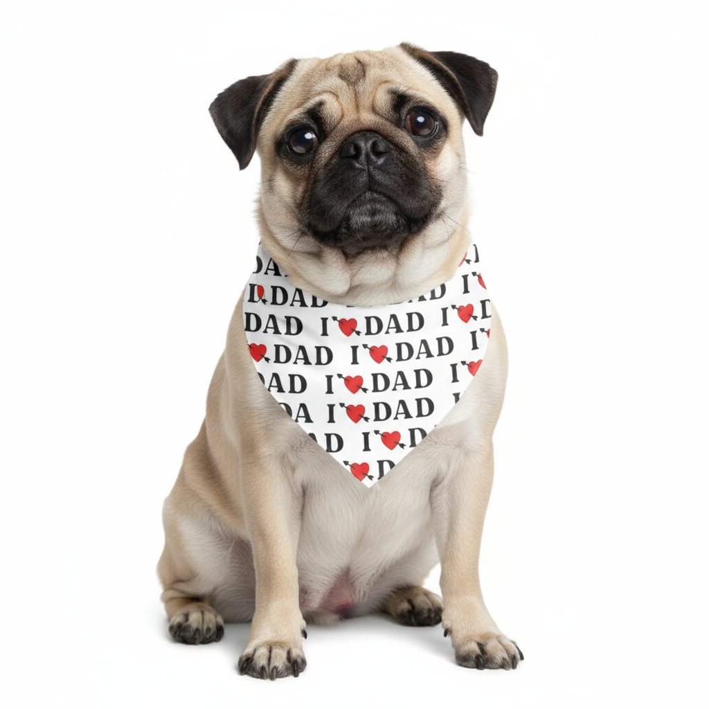 Baby bib with 'I ❤️ DAD' text and red hearts on a white background