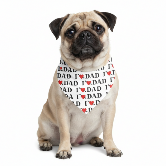 Baby bib with 'I ❤️ DAD' text and red hearts on a white background