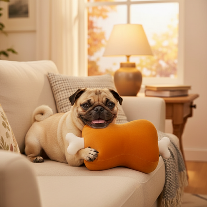 Pug dog holding an orange pillow on a couch in a cozy living room.