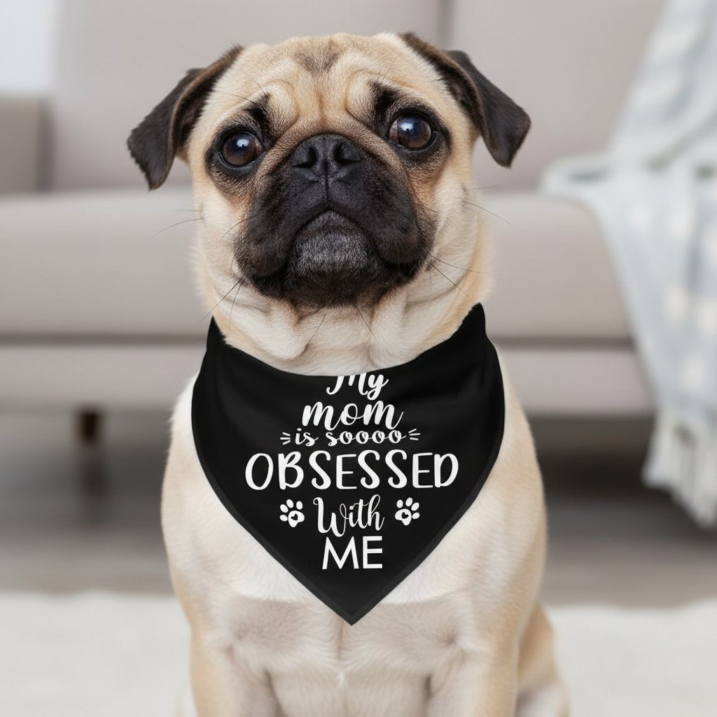 Black bandana with white text and paw prints on a white background
