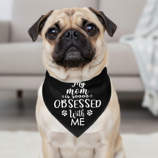 Black bandana with white text and paw prints on a white background