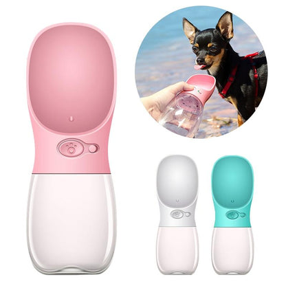 Pet water bottle in pink, white, and blue with a dog drinking from it inset.