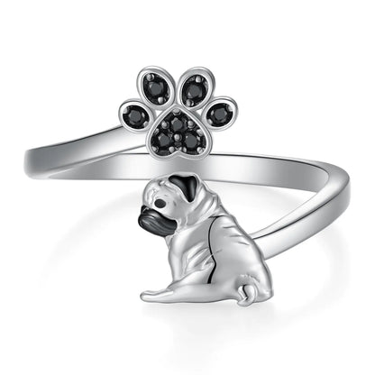 Adorable Pug Ring – 925 Sterling Silver Adjustable Gift for Pug Lovers