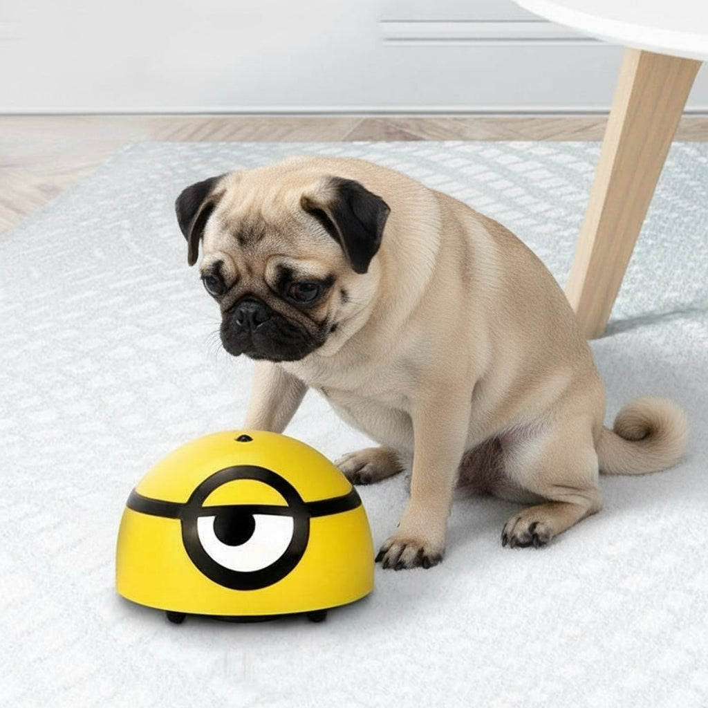 Cat interacting with a yellow toy resembling a Minion's head on a light blue mat.