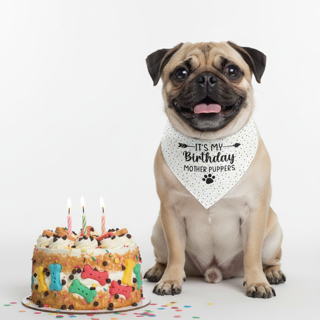 Pug dog with a birthday cake and bandana on a white background