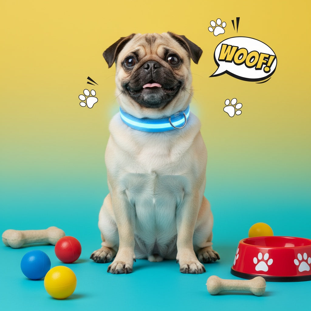 Pug dog wearing a blue collar with colorful balls and a red bowl on a gradient background