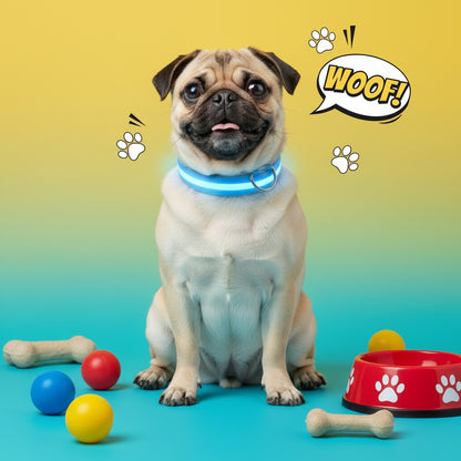 Pug dog wearing a blue collar with colorful balls and a red bowl on a gradient background