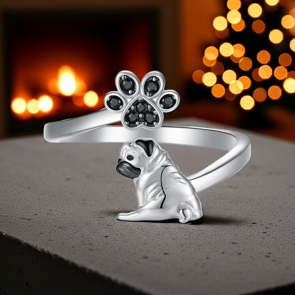 Adorable Pug Ring – 925 Sterling Silver Adjustable Gift for Pug Lovers