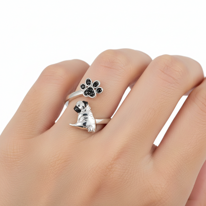 Adorable Pug Ring – 925 Sterling Silver Adjustable Gift for Pug Lovers