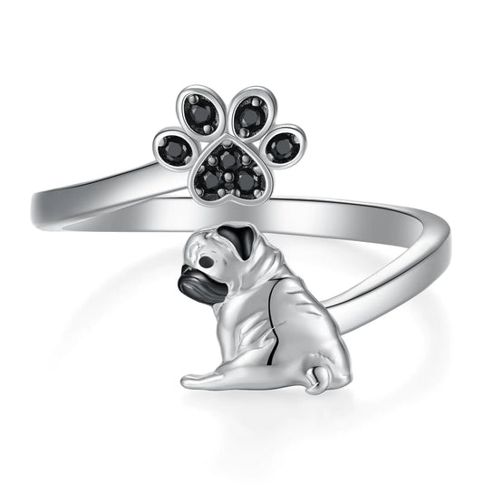 Adorable Pug Ring – 925 Sterling Silver Adjustable Gift for Pug Lovers
